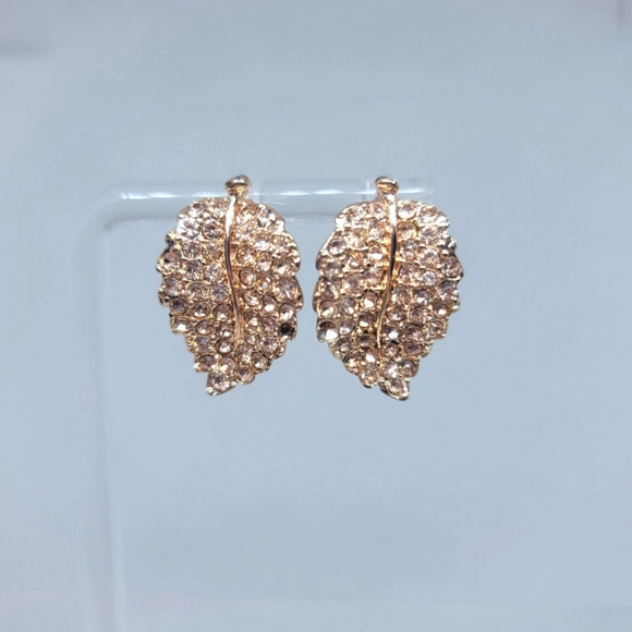 Rose Gold Rhinestone Leaf Shaped Post Fashion Earrings - Picture 1 of 6